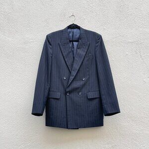 Vintage 80s Men's Double Breasted Navy Pinstriped Wool Blend Jacket Blazer 42L